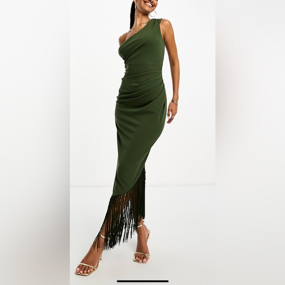 ASOS DESIGN one shoulder draped fringe trim midi dress in dark green